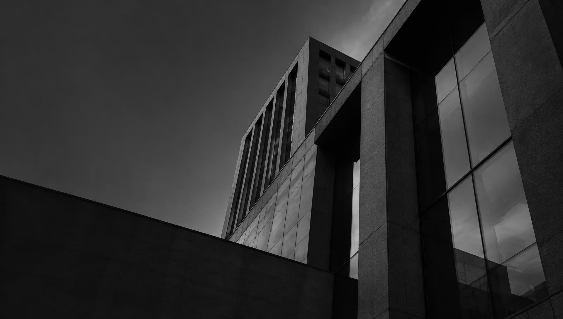 Monochrome contemporary stone and glass architecture
